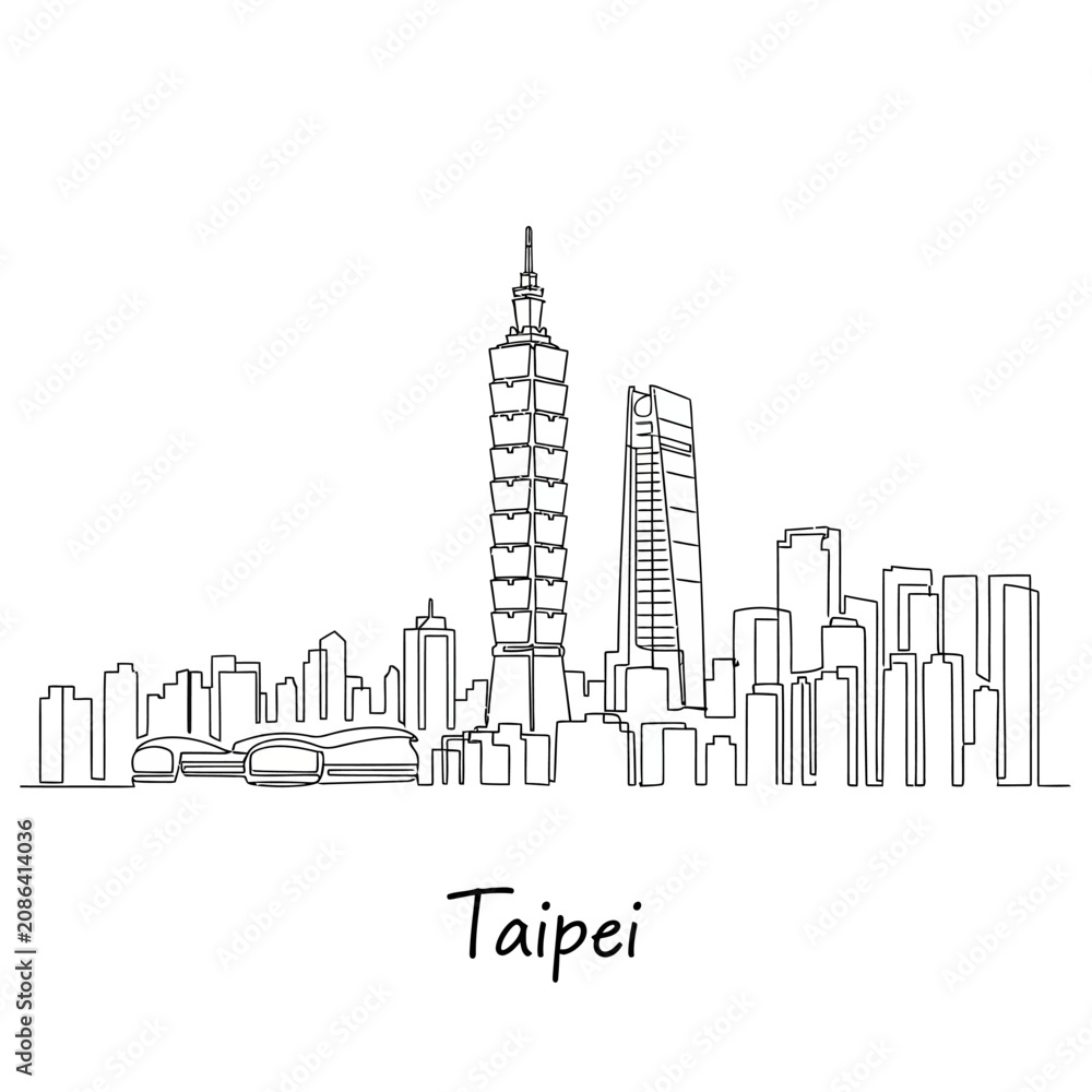 Obraz premium Taipei City Skyline Illustration, One Line Art