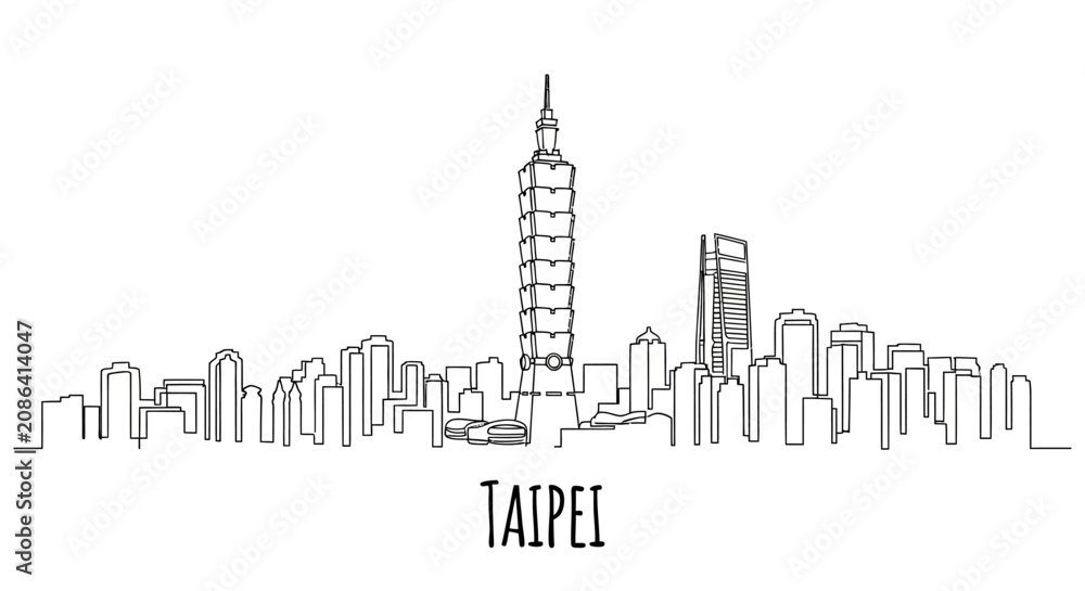 Obraz premium Taipei City Skyline Illustration, Line Art on White Background