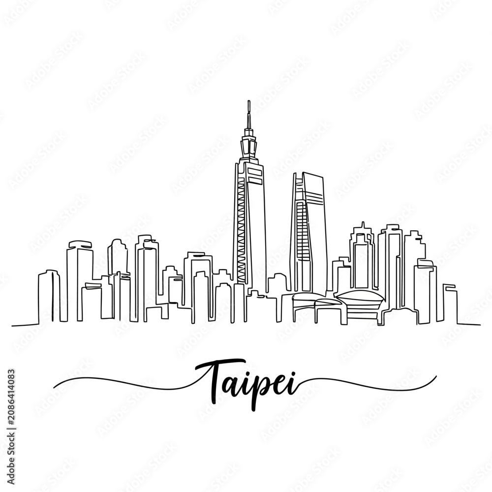 Obraz premium Taipei City Skyline Illustration, One-Line Drawing, Monochrome Graphic