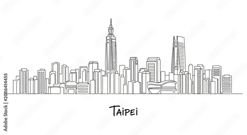 Obraz premium Taipei cityscape sketch, modern architecture skyline, clean white background, vector art