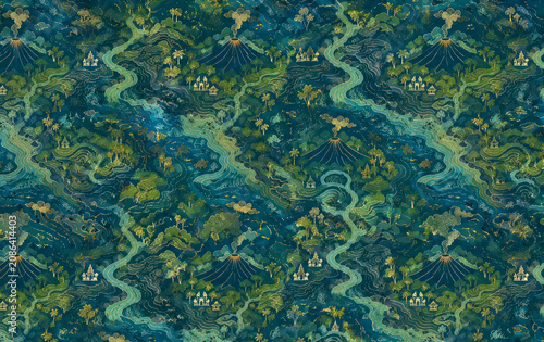 Volcanic Landscape, Winding Rivers and Villages Seamless Pattern, Luxury Bali Nature Background