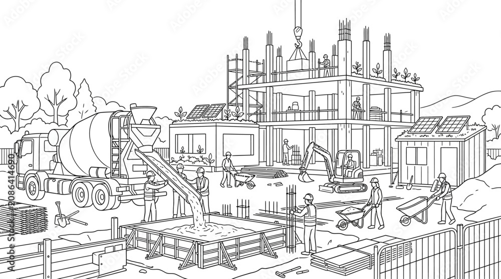 Fototapeta premium Construction Site Coloring Page with Workers, Concrete Truck, and Sustainable Building Features