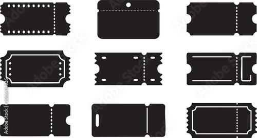 Ticket set of black vector silhouettes for events and cinema admission, icon, stub, pass, coupon, template
