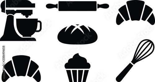 Foto Black and white baking tools and pastries flat icon set