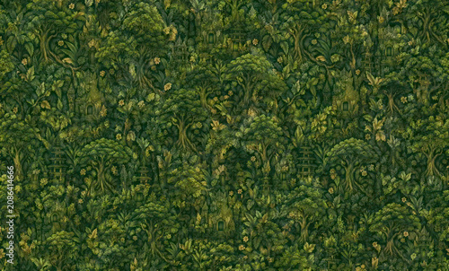 Ancient Jungle Temple Sanctuary Lush Green Seamless Pattern, Luxury Balinese Tropical Background
