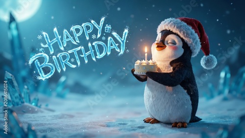 Cute Penguin Holding Birthday Cake in Winter Wonderland with Santa Hat, Glowing Happy Birthday Ice Text 3D Render