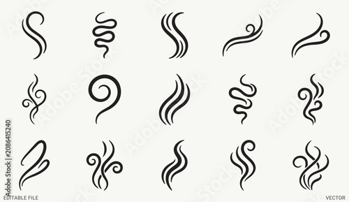 Hand drawn abstract smoke curls steam lines aroma swirl elements set on white background