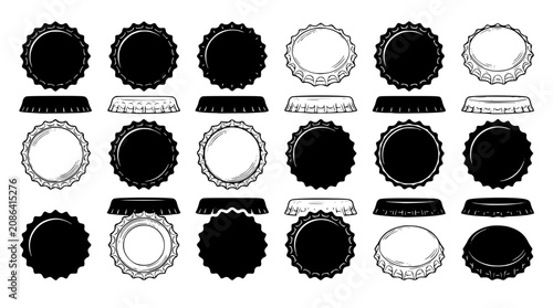 Various black and white bottle cap designs and illustrations