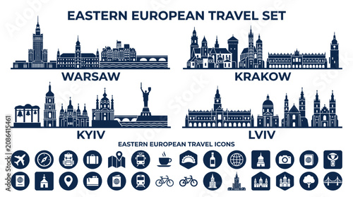 Tableau sur toile Eastern European Travel Set: Warsaw, Krakow, Kyiv, Lviv City Skylines & Icons