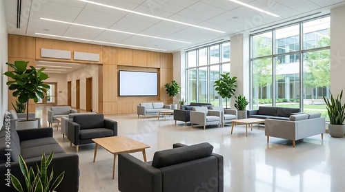 Modern office lobby waiting area with large windows and green plants