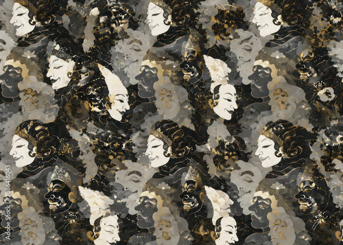 Traditional Balinese Topeng Dance Mask Seamless Pattern, Premium Cultural Ornament