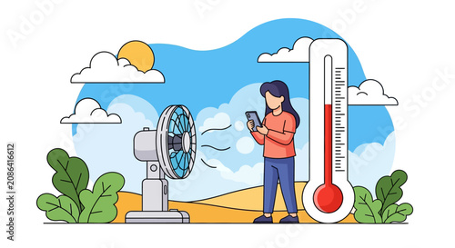 Woman enjoying cool breeze from fan on hot summer day with thermometer