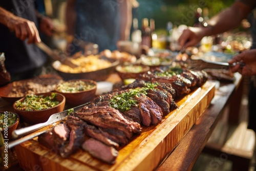 Brazilian weekend churrasco scene with wooden board piled with sliced grilled meats at center, small bowls of farofa, vinaigrette salsa and chimichurri around, backyard gathering atmosphere