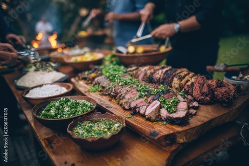 Brazilian weekend churrasco scene with wooden board piled with sliced grilled meats at center, small bowls of farofa, vinaigrette salsa and chimichurri around, backyard gathering atmosphere