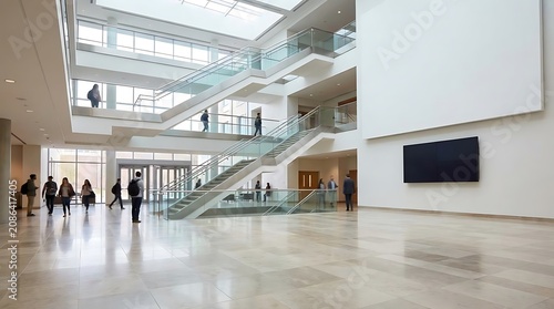 Modern office building interior with glass staircases and natural light