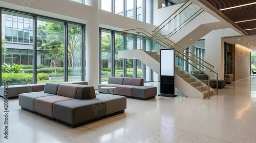Modern office lobby with large windows and staircase