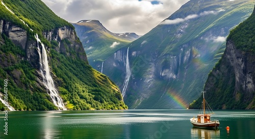 Majestic mountain lake surrounded by lush green forest.
