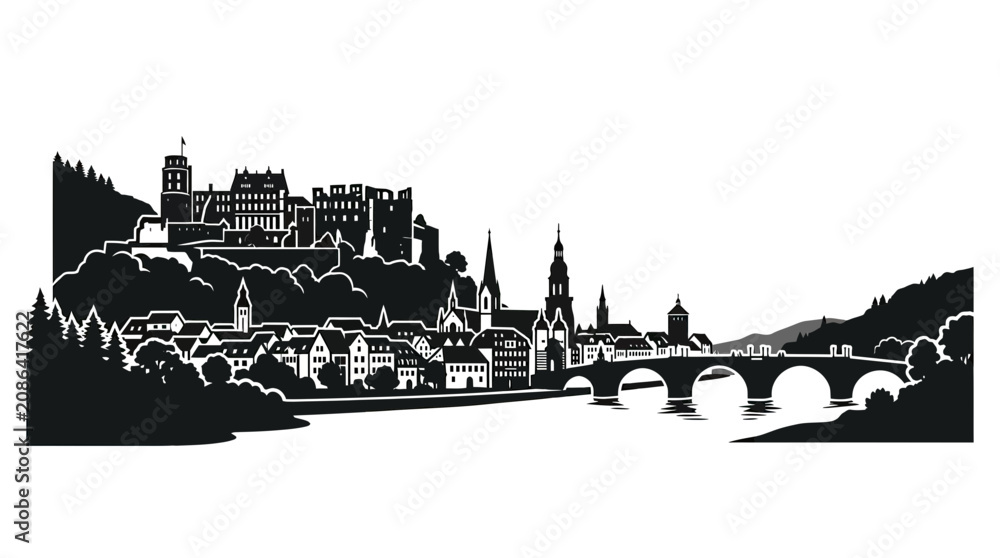 Fototapeta premium Heidelberg Castle and Old Bridge Silhouette, River Neckar Panorama