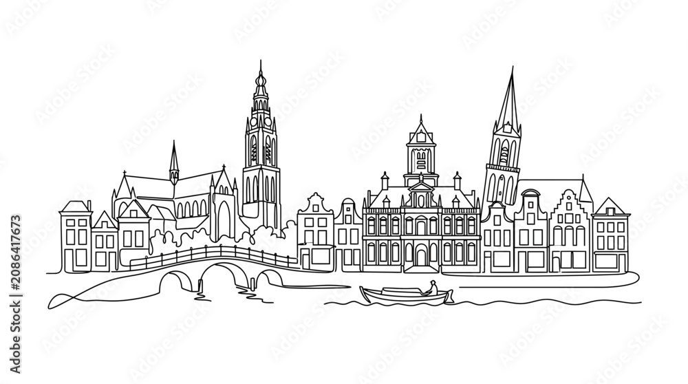 Fototapeta premium Minimalist Line Art Cityscape: Historic Buildings, Bridge, Boat, and River