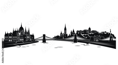 Tableau sur toile Budapest Skyline Silhouette Vector Art - Famous Landmarks on Danube River