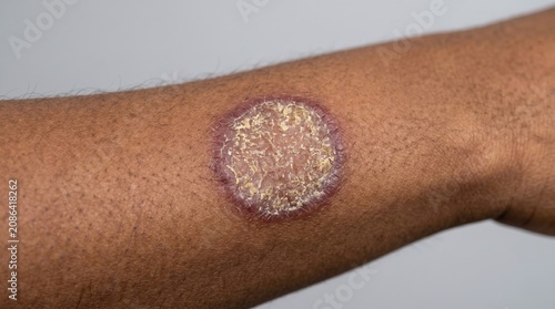 Ringworm fungal infection tinea corporis lesion on human arm skin close up