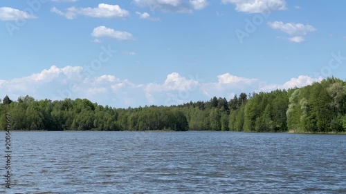 Lake surrounded by a green forest. A peaceful summer landscape. River bed with a beautiful forest. Wild nature.