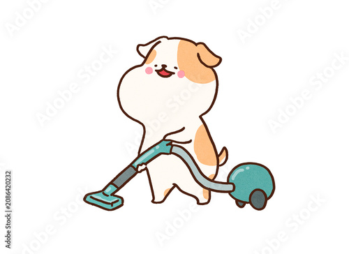 Quadro su tela Dog vacuuming the room with a happy smile, housework or cleaning chore concept