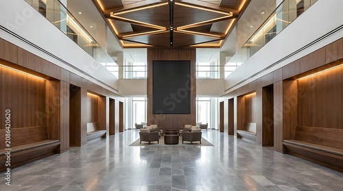 Modern office interior lobby with geometric ceiling and seating