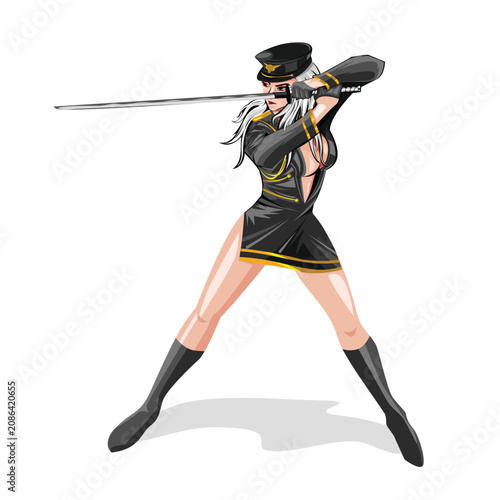 Anime Samurai Woman with Katana in Military Uniform Vector Illustration Isolated on White Background