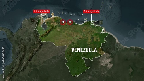 Venezuela Earthquake Map Animation with Epicenter Locations, Magnitude 7.2 and 7.5, Satellite View, Geographic Disaster News, Seismic Activity, South America Motion Graphics 4K