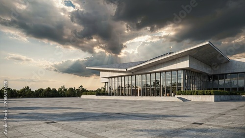 Modern exhibition hall building stands beneath a dramatic cloudy sky on a vast open concrete plaza during the sunset.