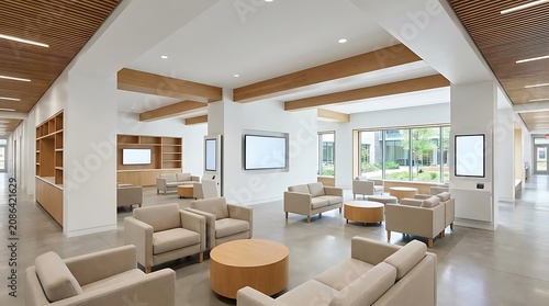 Modern office lounge area with comfortable seating and natural light