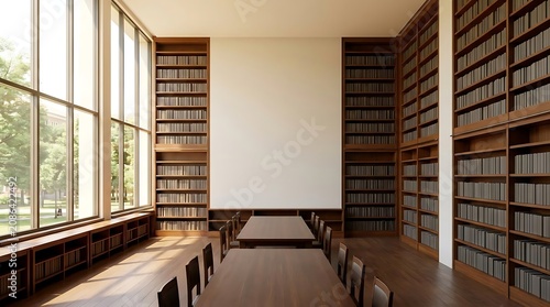 Spacious library interior with tall bookshelves and large window