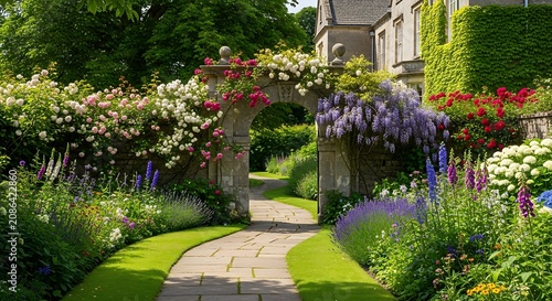 Colorful flower garden pathway with blooming plants and shrubs.