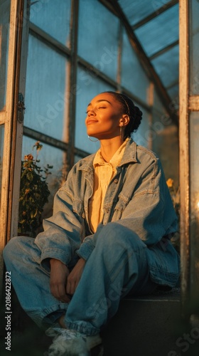 Woman sitting on the steps of the glass greenhouse, face turned to the sun, eyes closed, soaking in the first warm rays of spring, peaceful portrait 