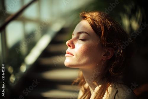 Woman sitting on the steps of the glass greenhouse, face turned to the sun, eyes closed, soaking in the first warm rays of spring, peaceful portrait 