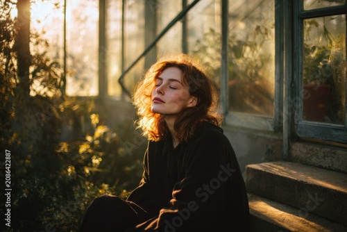 Woman sitting on the steps of the glass greenhouse, face turned to the sun, eyes closed, soaking in the first warm rays of spring, peaceful portrait 