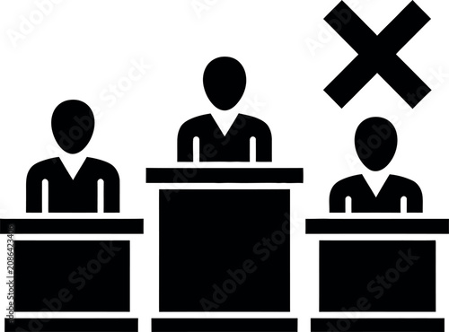 Three people at podiums with one crossed out