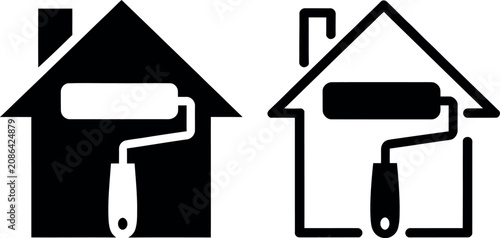 Black and white house icons with paint roller and brush for renovation design