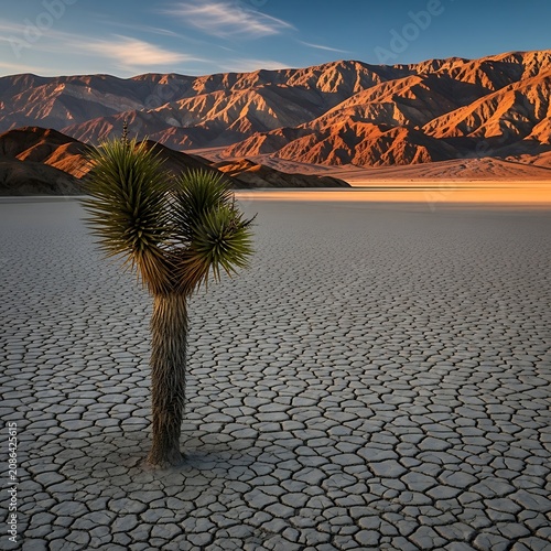 Palm tree reflected in infinity pool at sunset with mountains.
