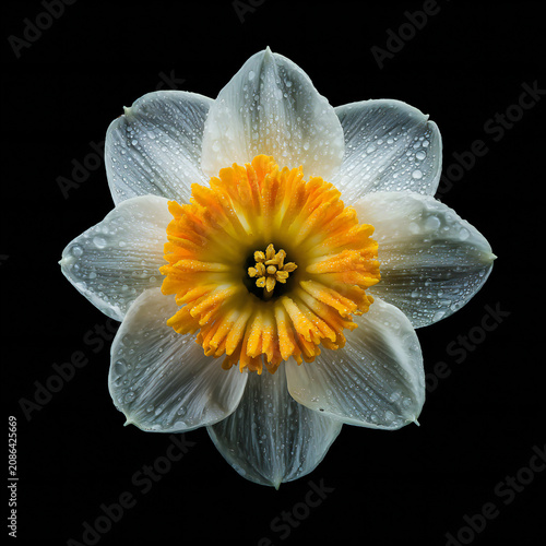 Top view of beautiful daffodil flower on black background