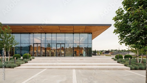 Office building entrance showcases a contemporary glass facade with wide stone stairs and lush green landscaping.