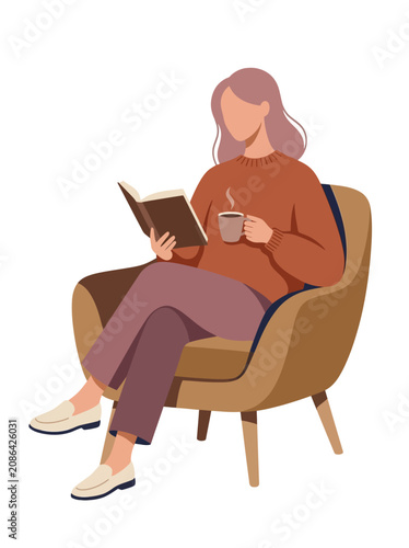 Cozy Woman Reading Book with Coffee in Armchair Vector Illustration