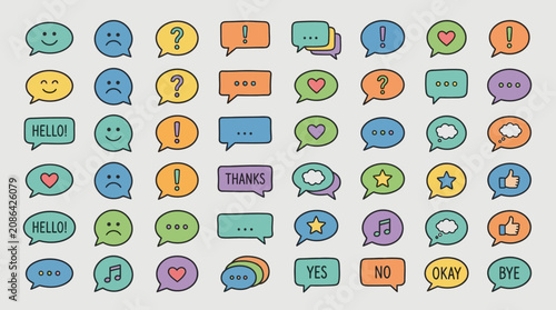 Colorful hand-drawn communication bubbles and emoticons  - vector illustration