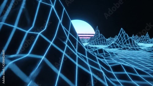 Futuristic Neon Wireframe Landscape with Retro Sunset and Digital Grid for Technology and Gaming Concepts