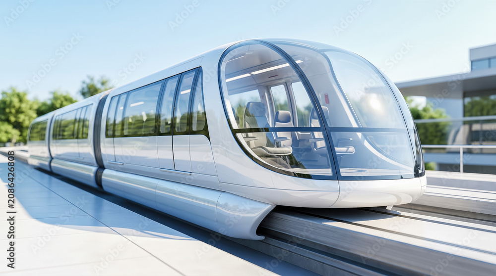 Obraz premium Futuristic high speed modern passenger train driving quickly along elevated railway track through sunny modern city environment representing advanced public transportation system