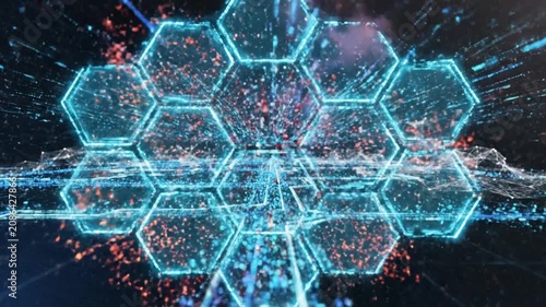 Futuristic Digital Network Grid with Glowing Hexagons and Data Streams, Abstract Technology Concept for AI and Connectivity