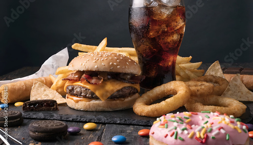 Fast Food Meal with Burger, Fries, Soda and Sweet Snacks