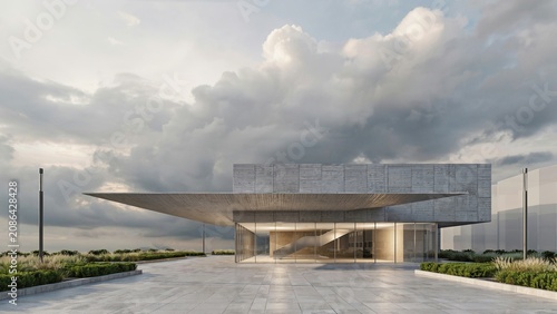 Modern commercial pavilion stands under a dramatic cloudy sky with a vast cantilever roof projecting over the entryway.