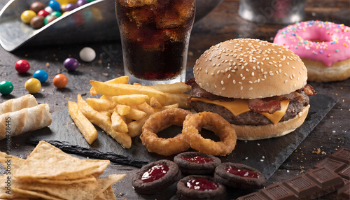 Fast Food Meal with Burger, Fries, Soda and Sweet Snacks